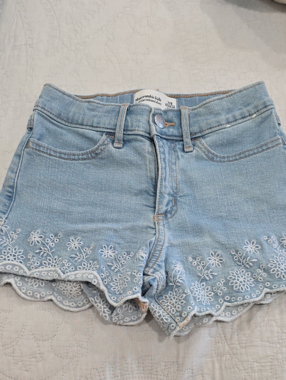 abercrombie kids light blue embroidered denim shorts
